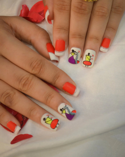 Dandiya Special White And Orange Silicone Press-On Nails Twinkle Touch