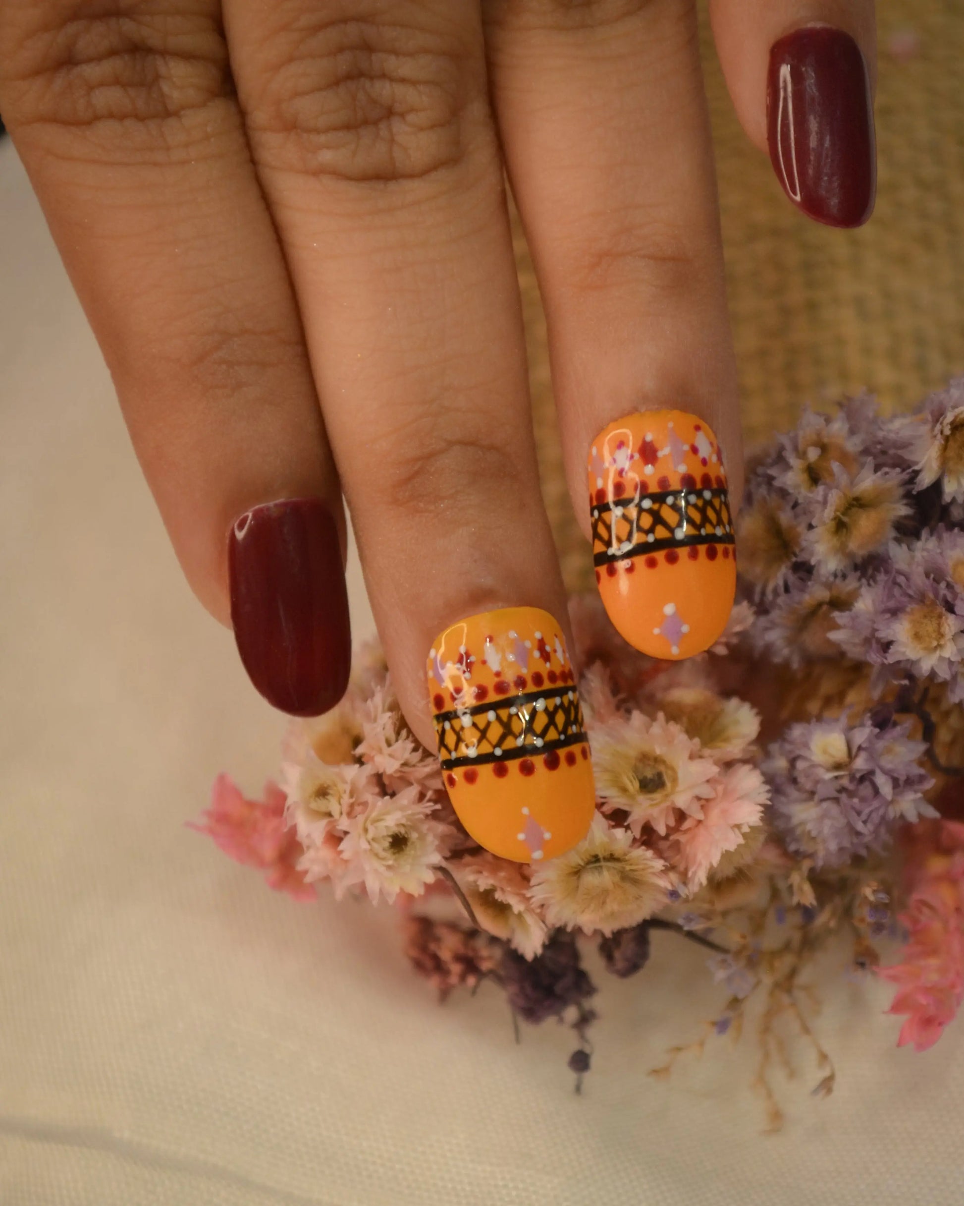 Garba Night Orange and Maroon Silicone Press-On Nails Twinkle Touch