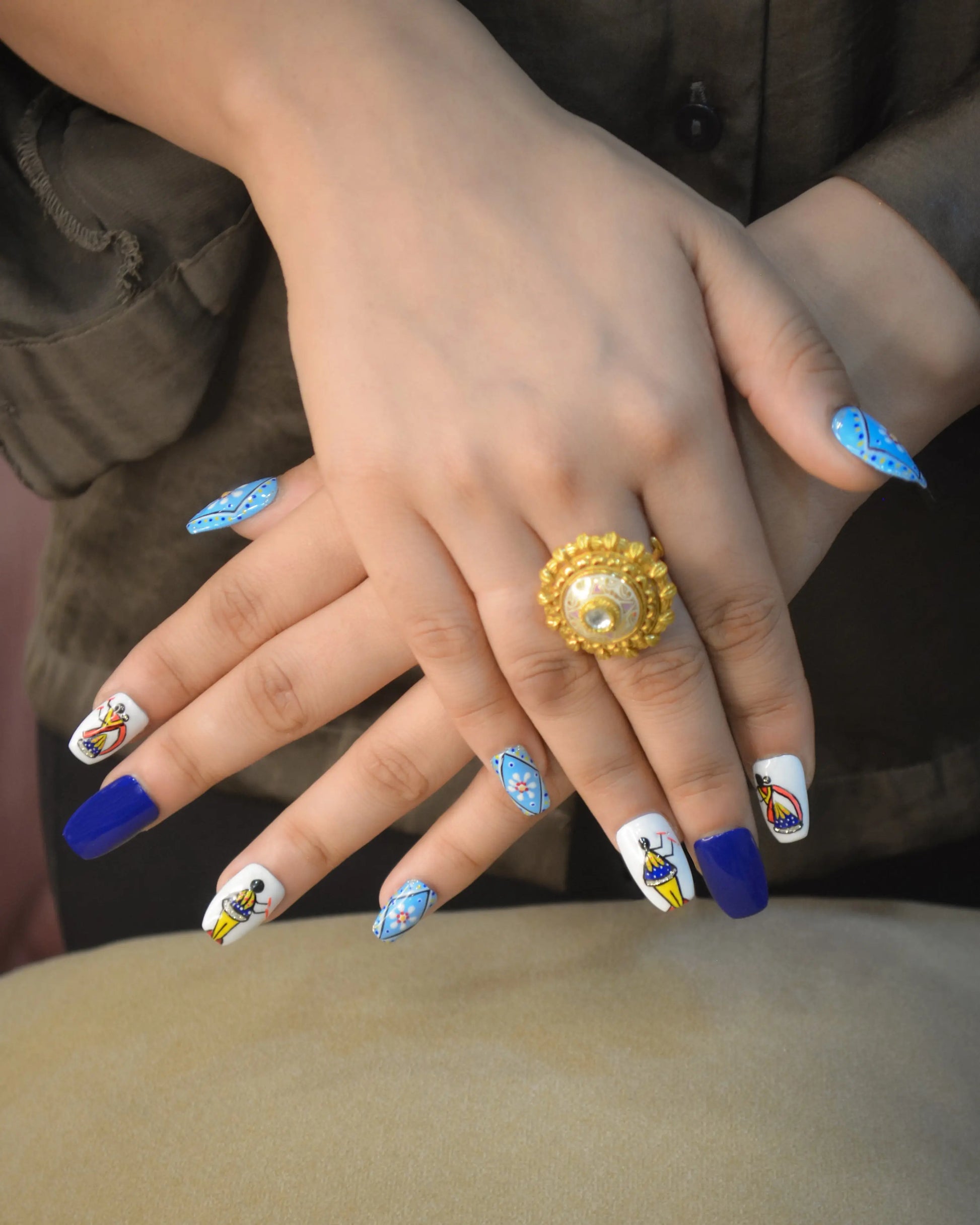 Navratri Blue and White Silicone Press-on Nails Twinkle Touch